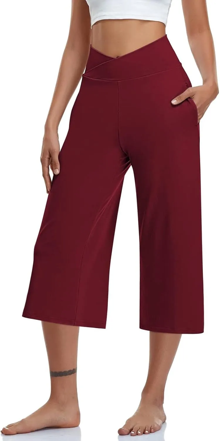 Womens Summer 3/4 Pants Flowy High Waisted Loose Casual Lounge Pant Wide Leg Palazzo Capris Elastic with Pockets