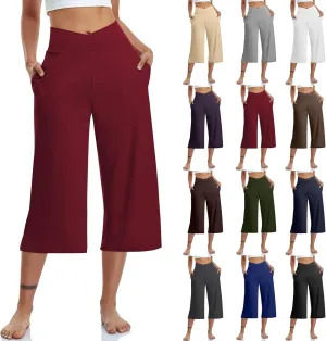 Womens Summer 3/4 Pants Flowy High Waisted Loose Casual Lounge Pant Wide Leg Palazzo Capris Elastic with Pockets