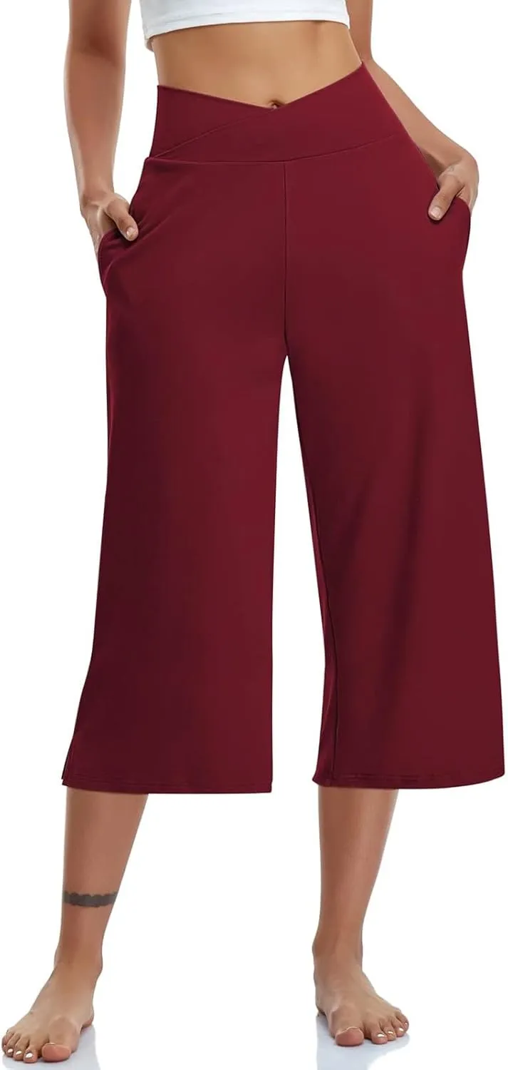 Womens Summer 3/4 Pants Flowy High Waisted Loose Casual Lounge Pant Wide Leg Palazzo Capris Elastic with Pockets