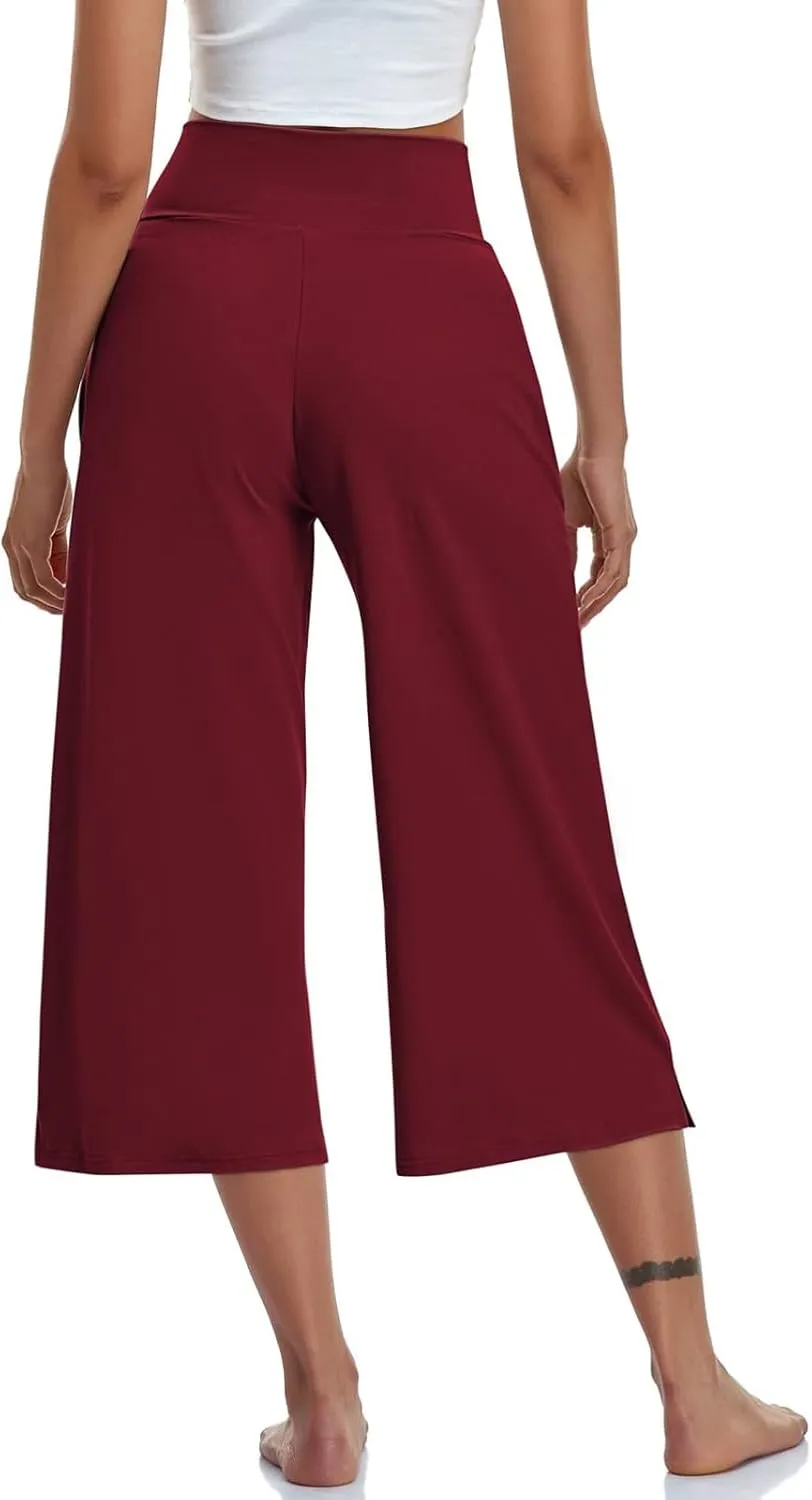 Womens Summer 3/4 Pants Flowy High Waisted Loose Casual Lounge Pant Wide Leg Palazzo Capris Elastic with Pockets