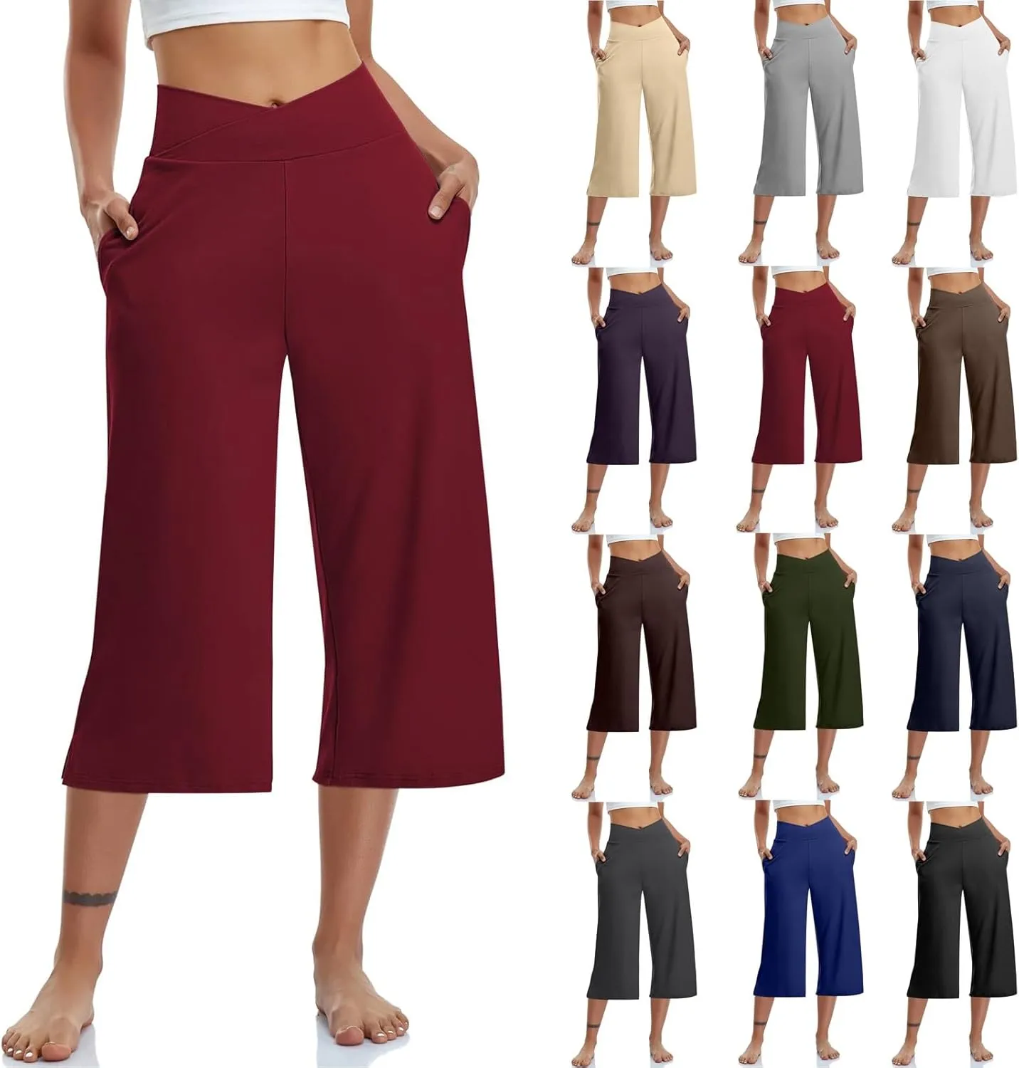 Womens Summer 3/4 Pants Flowy High Waisted Loose Casual Lounge Pant Wide Leg Palazzo Capris Elastic with Pockets