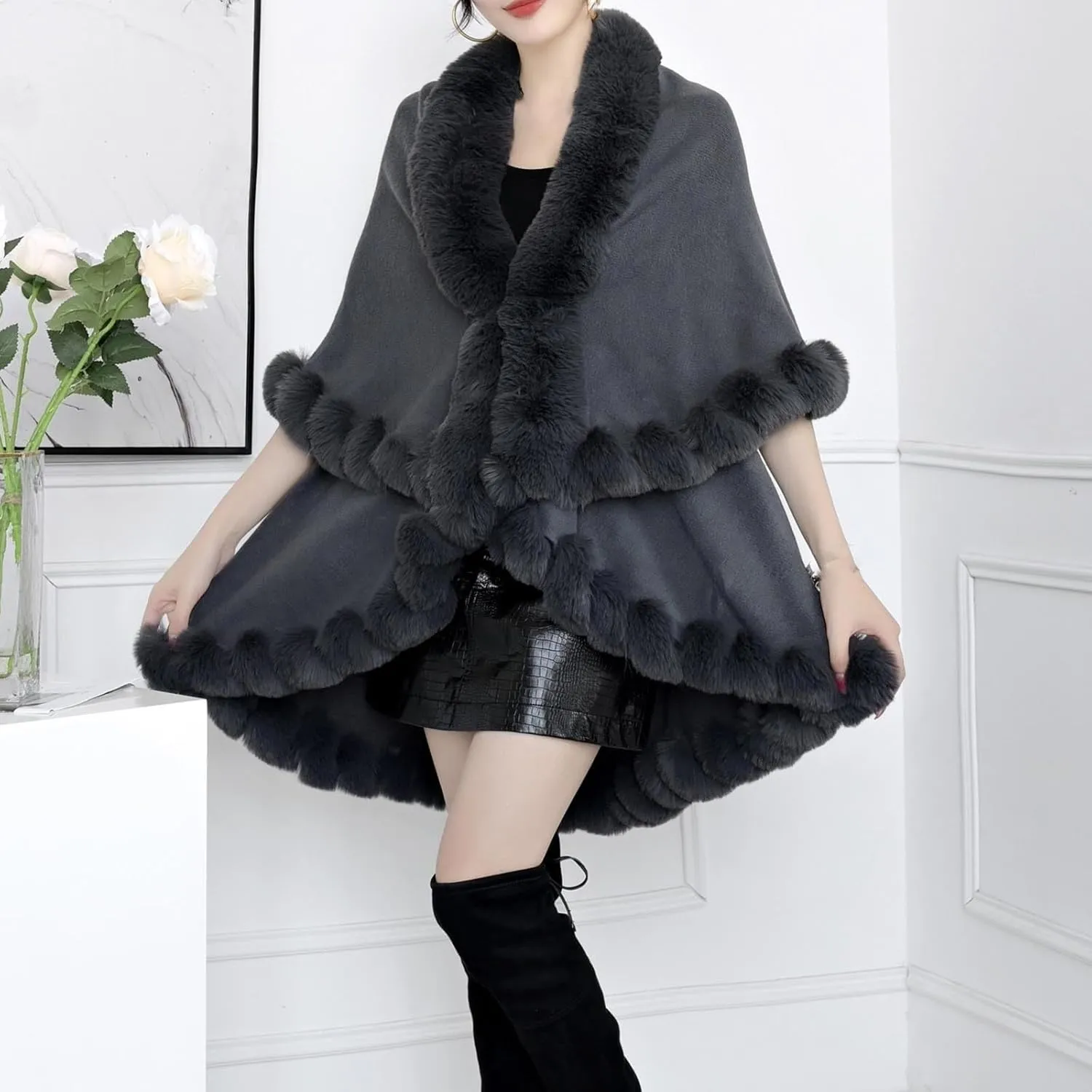 XUNRYAN Women's Shawl Wraps Faux-Fur Cape Coat Wool-Blend Cloak Open Front Cardigan Poncho Winter Warm Sweater Jackets