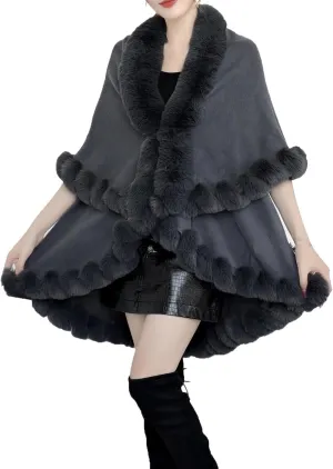 XUNRYAN Women's Shawl Wraps Faux-Fur Cape Coat Wool-Blend Cloak Open Front Cardigan Poncho Winter Warm Sweater Jackets