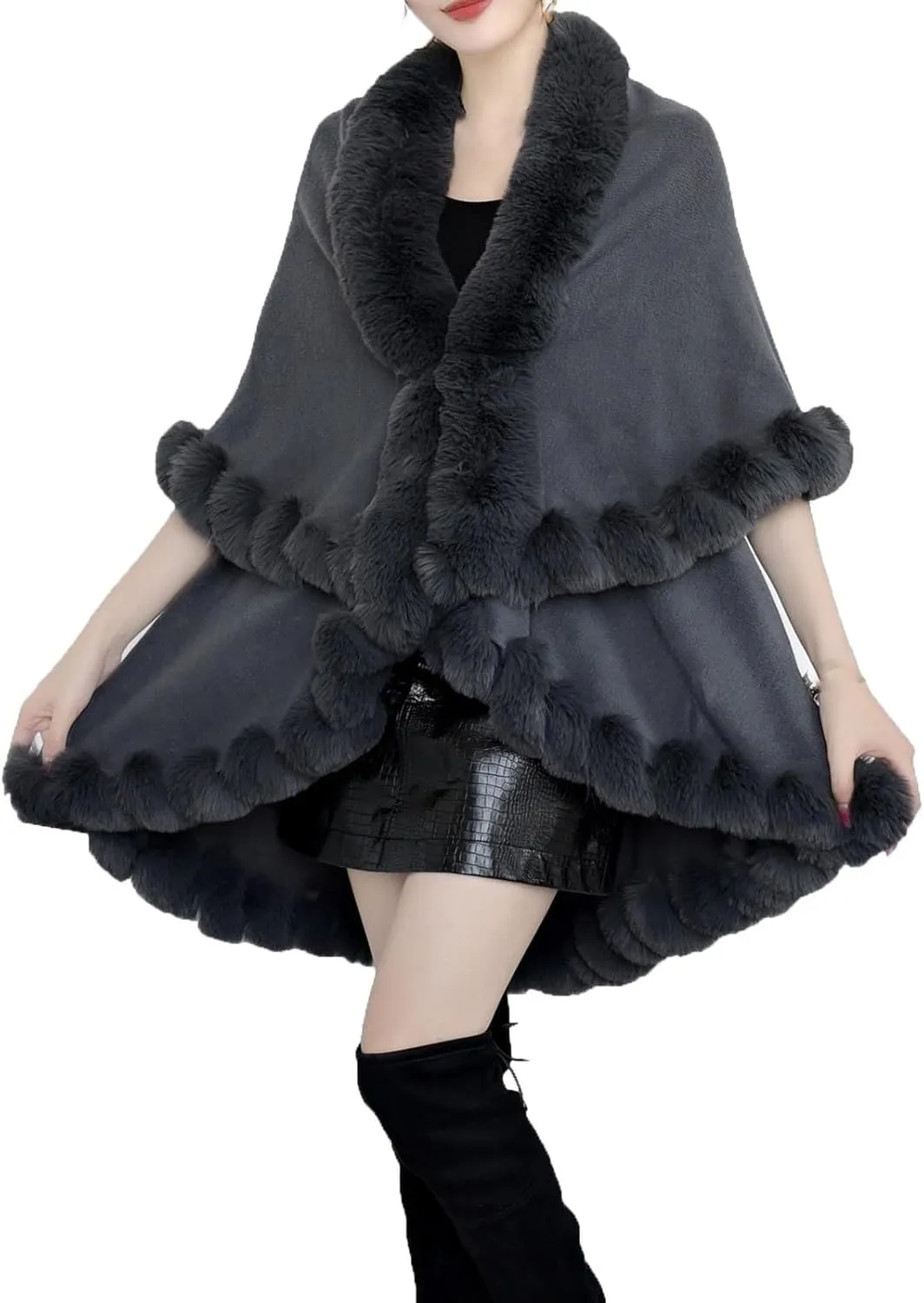 XUNRYAN Women's Shawl Wraps Faux-Fur Cape Coat Wool-Blend Cloak Open Front Cardigan Poncho Winter Warm Sweater Jackets