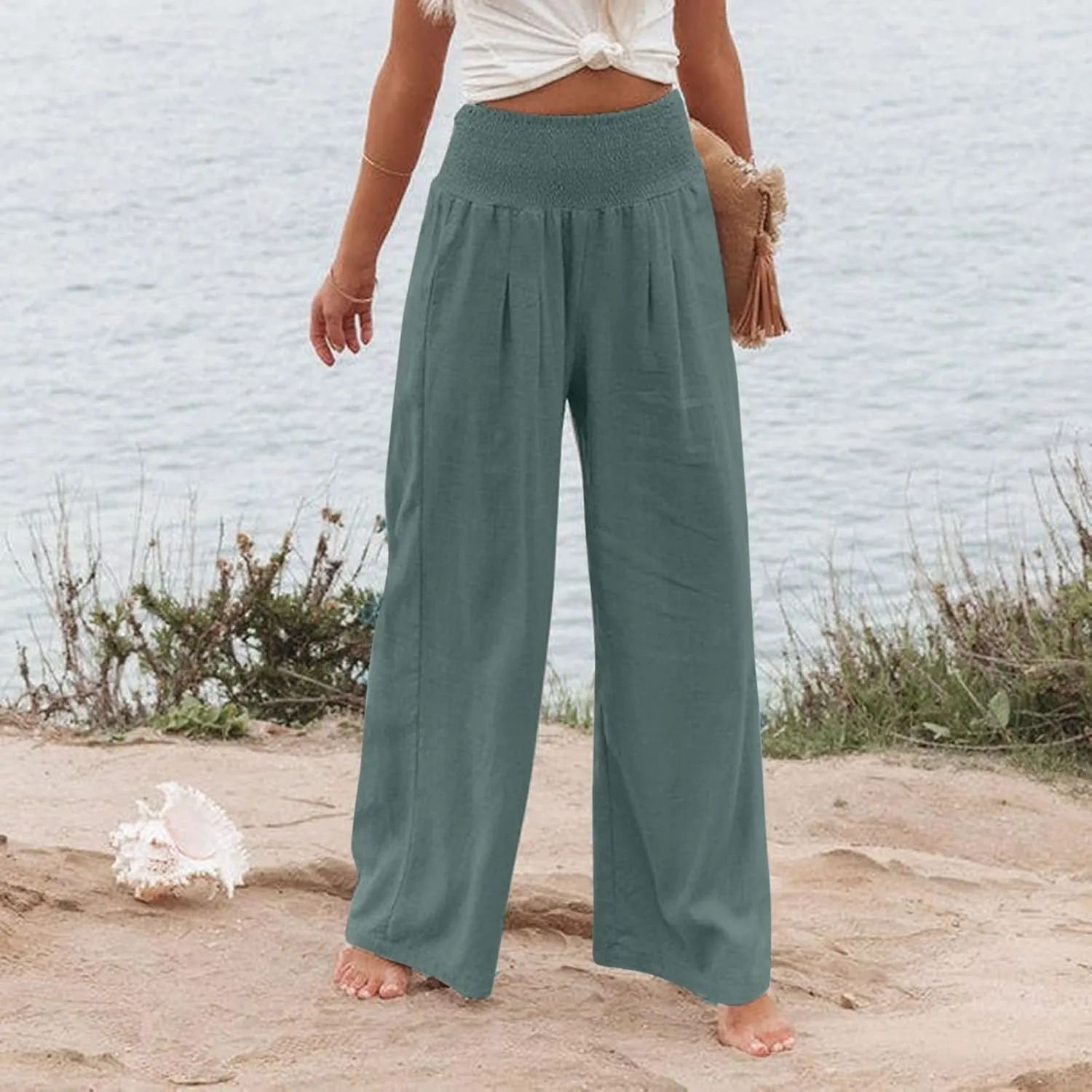 YUTANRAL Linen Pants for Women Summer High Waist Stretch Drawstring Wide Leg Pants Fashion Casual Palazzo Pants with Pockets