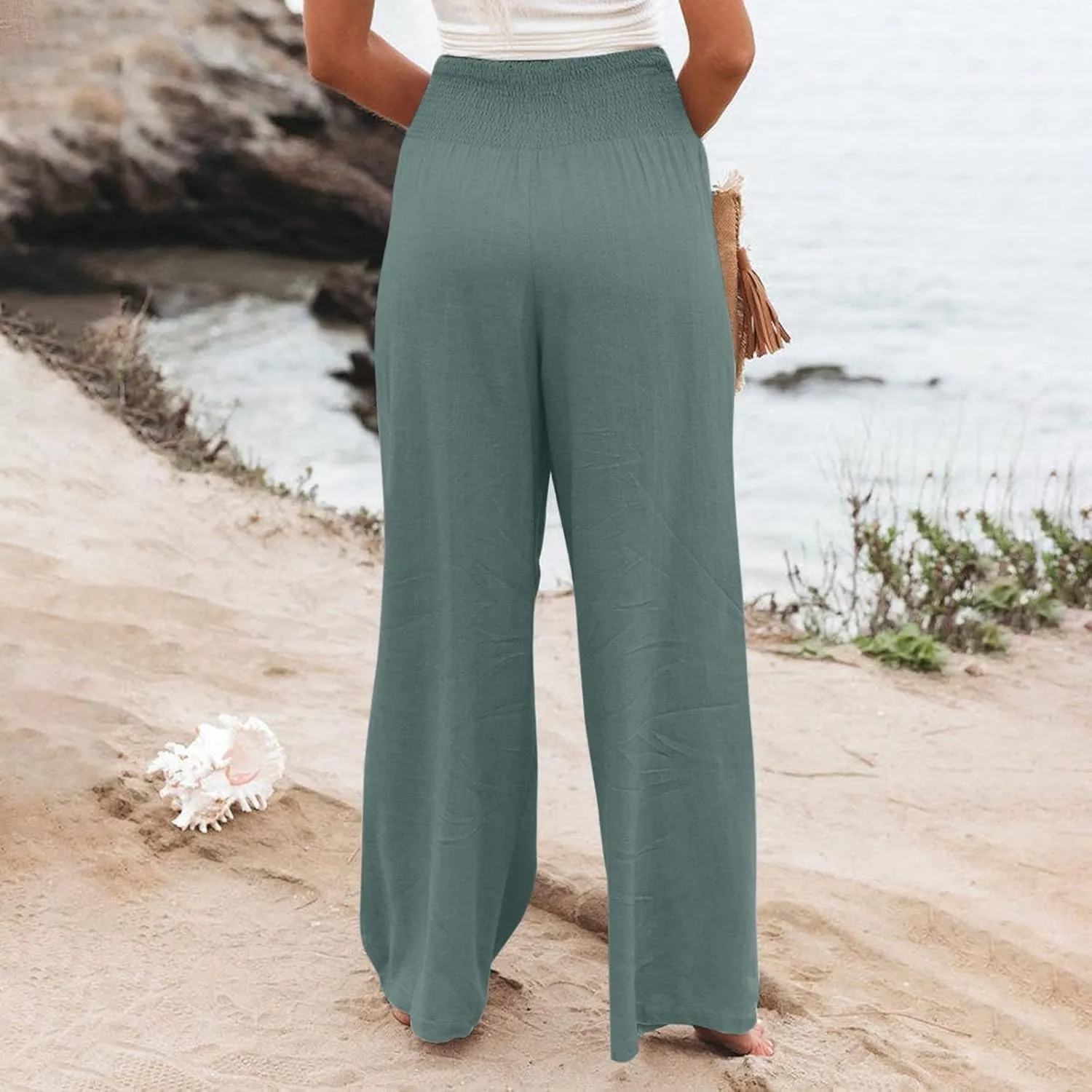 YUTANRAL Linen Pants for Women Summer High Waist Stretch Drawstring Wide Leg Pants Fashion Casual Palazzo Pants with Pockets