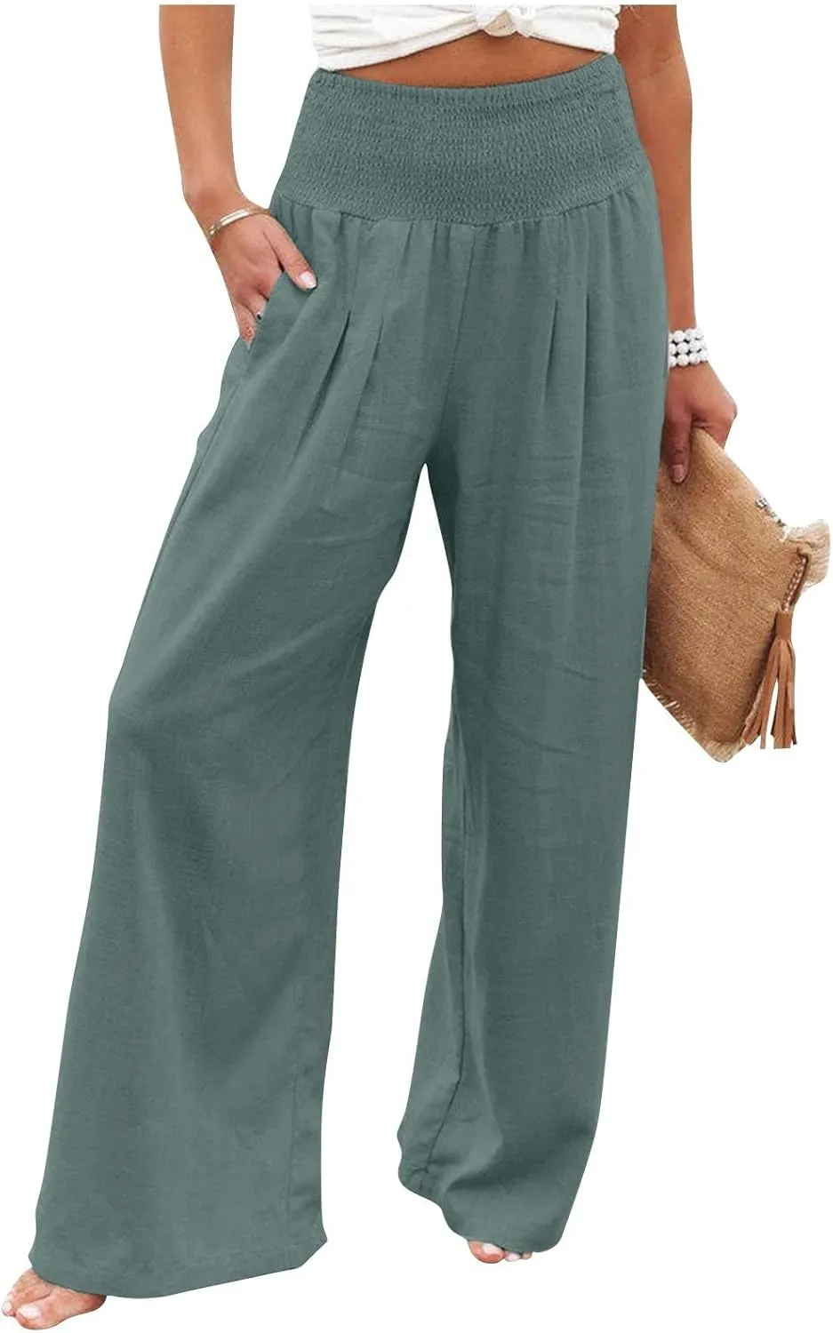 YUTANRAL Linen Pants for Women Summer High Waist Stretch Drawstring Wide Leg Pants Fashion Casual Palazzo Pants with Pockets