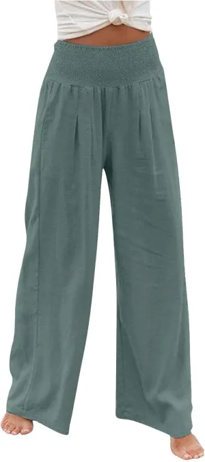 YUTANRAL Linen Pants for Women Summer High Waist Stretch Drawstring Wide Leg Pants Fashion Casual Palazzo Pants with Pockets