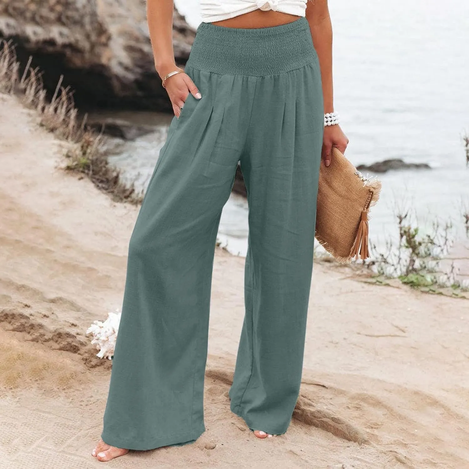YUTANRAL Linen Pants for Women Summer High Waist Stretch Drawstring Wide Leg Pants Fashion Casual Palazzo Pants with Pockets