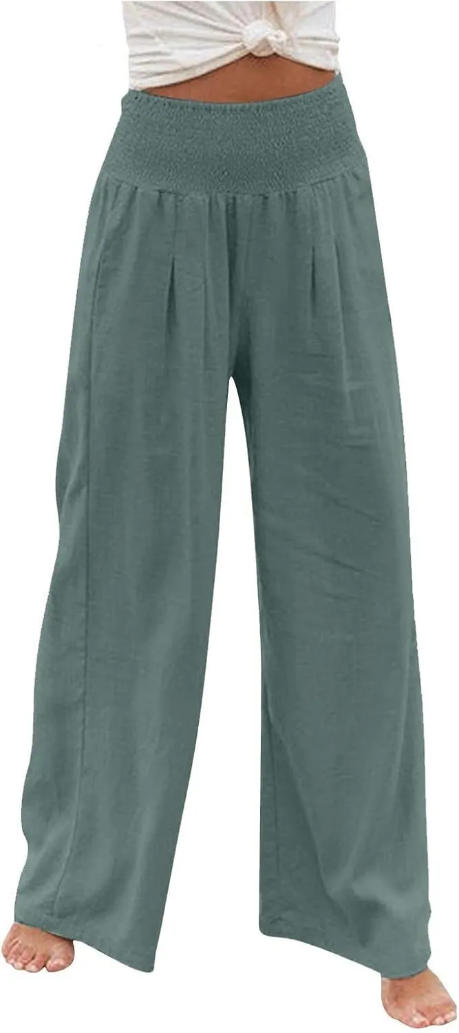 YUTANRAL Linen Pants for Women Summer High Waist Stretch Drawstring Wide Leg Pants Fashion Casual Palazzo Pants with Pockets